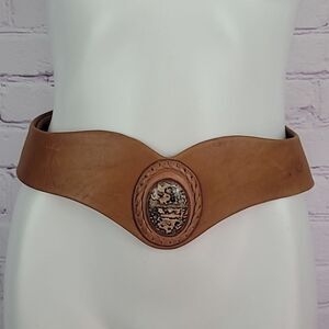 Vintage Brown Leather Statement Belt With Stone Centerpiece.